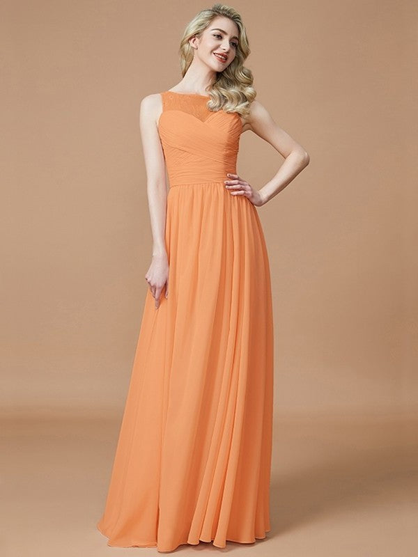 A-Line/Princess Bateau Sleeveless Ruched Floor-Length Chiffon Bridesmaid Dresses DFP0005673