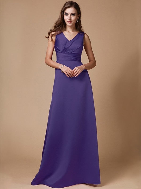 A-Line/Princess V-neck Long Sleeveless Elastic Woven Satin Bridesmaid Dresses DFP0005409