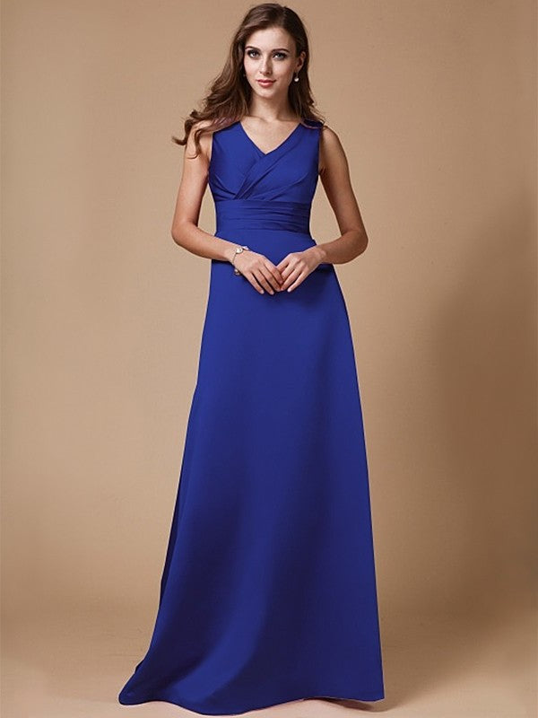 A-Line/Princess V-neck Long Sleeveless Elastic Woven Satin Bridesmaid Dresses DFP0005409