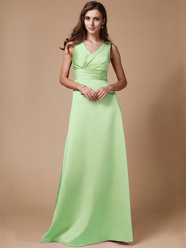 A-Line/Princess V-neck Long Sleeveless Elastic Woven Satin Bridesmaid Dresses DFP0005409