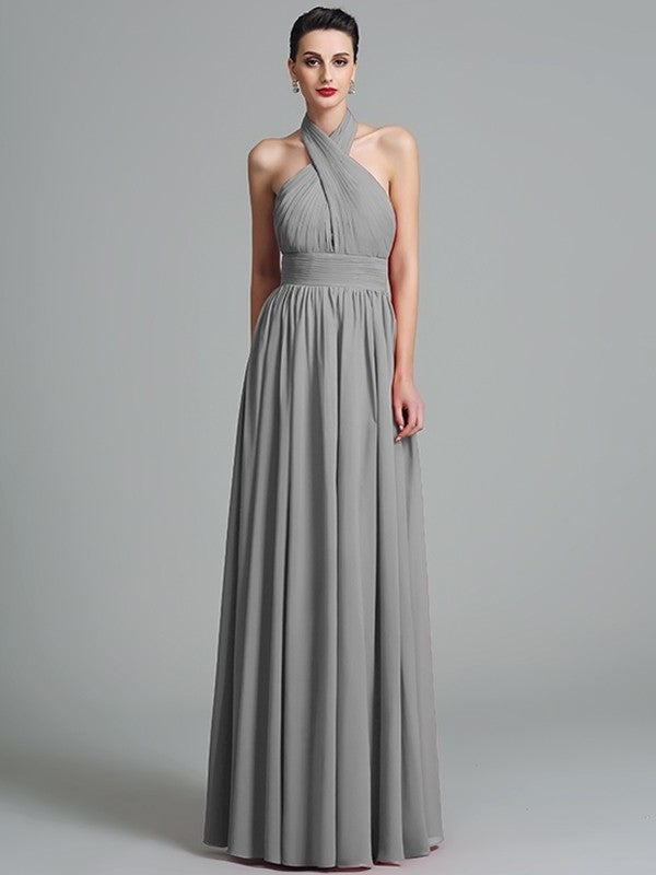 A-Line/Princess Halter Ruffles Sleeveless Long Chiffon Bridesmaid Dresses DFP0005403