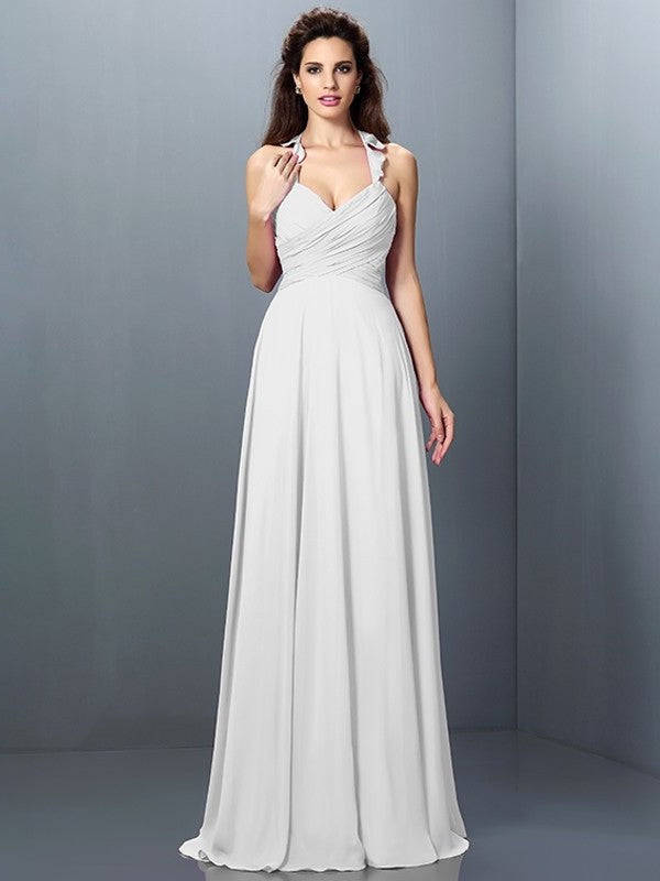 A-Line/Princess Halter Pleats Sleeveless Long Chiffon Bridesmaid Dresses DFP0005390