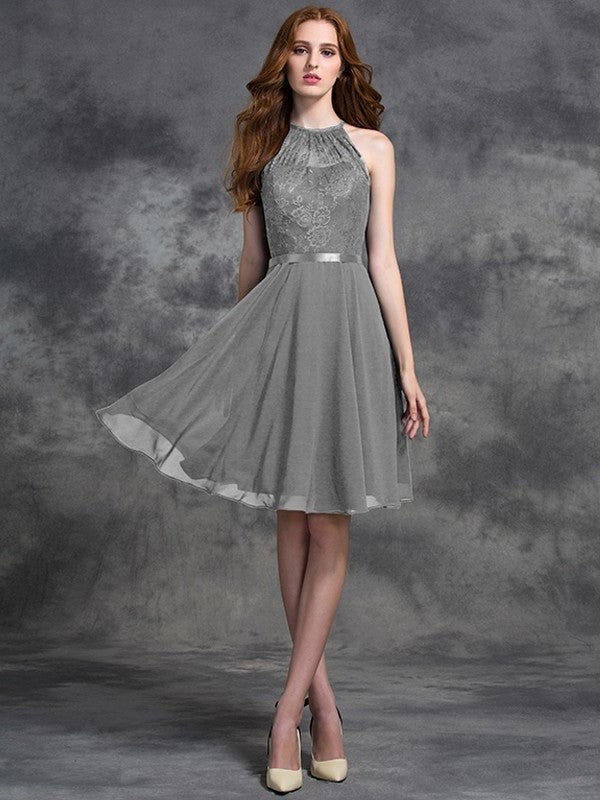 A-line/Princess Halter Lace Sleeveless Short Chiffon Bridesmaid Dresses DFP0005310