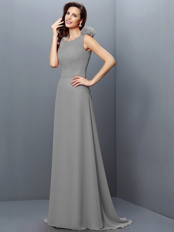 A-Line/Princess Bateau Hand-Made Flower Sleeveless Long Chiffon Bridesmaid Dresses DFP0005638