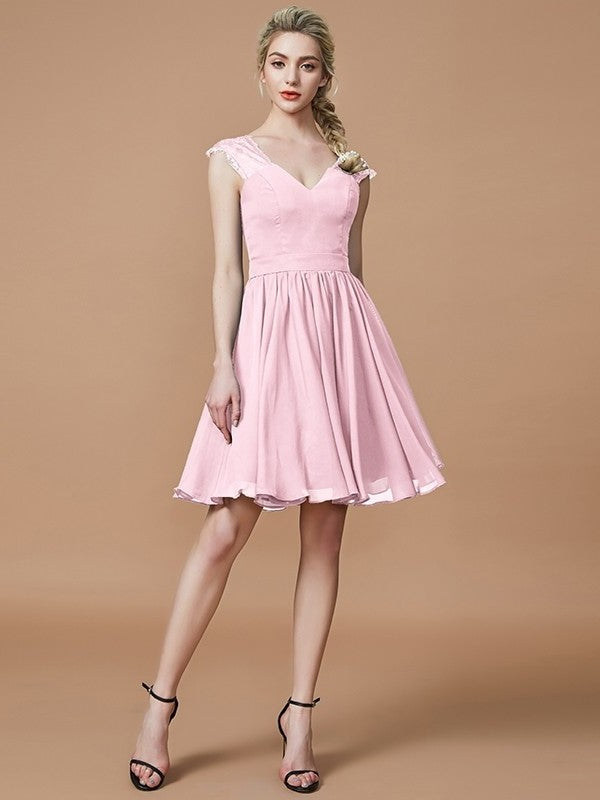 A-Line/Princess V-neck Chiffon Knee-Length Bridesmaid Dresses DFP0005411