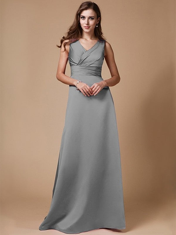 A-Line/Princess V-neck Long Sleeveless Elastic Woven Satin Bridesmaid Dresses DFP0005409