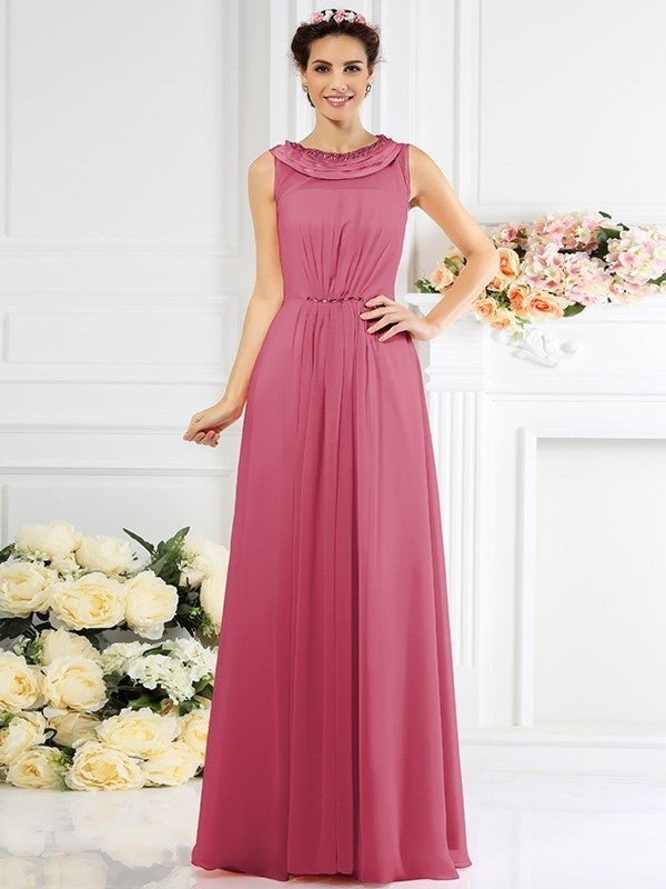 A-Line/Princess Bateau Beading Sleeveless Long Chiffon Bridesmaid Dresses DFP0005545