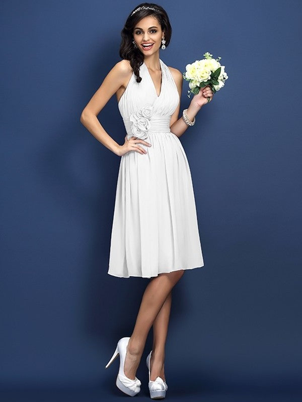 A-Line/Princess Halter Hand-Made Flower Sleeveless Short Chiffon Bridesmaid Dresses DFP0005668