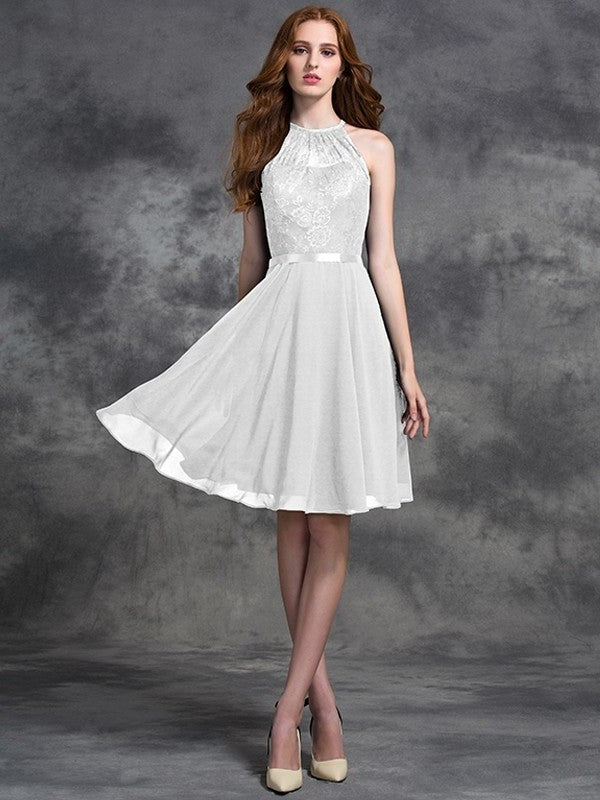 A-line/Princess Halter Lace Sleeveless Short Chiffon Bridesmaid Dresses DFP0005310