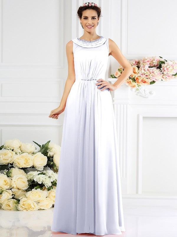 A-Line/Princess Bateau Beading Sleeveless Long Chiffon Bridesmaid Dresses DFP0005545