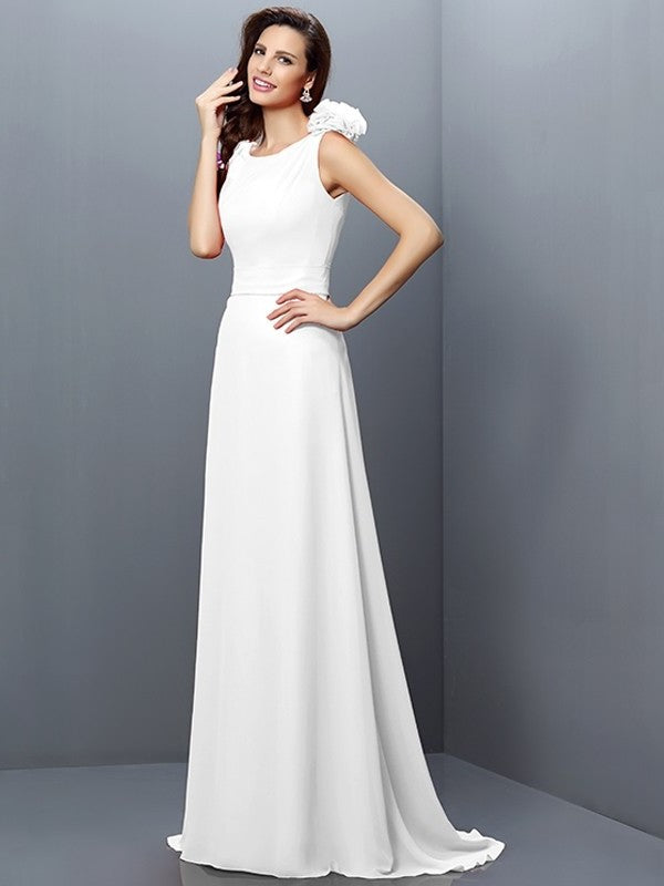 A-Line/Princess Bateau Hand-Made Flower Sleeveless Long Chiffon Bridesmaid Dresses DFP0005638