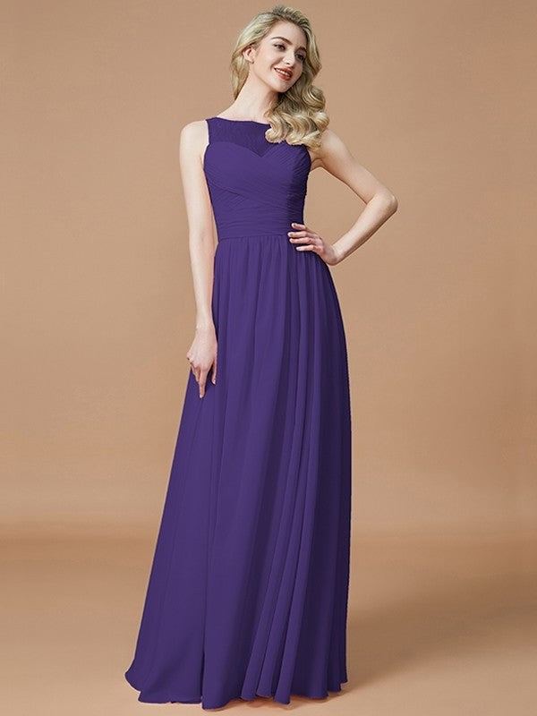 A-Line/Princess Bateau Sleeveless Ruched Floor-Length Chiffon Bridesmaid Dresses DFP0005673