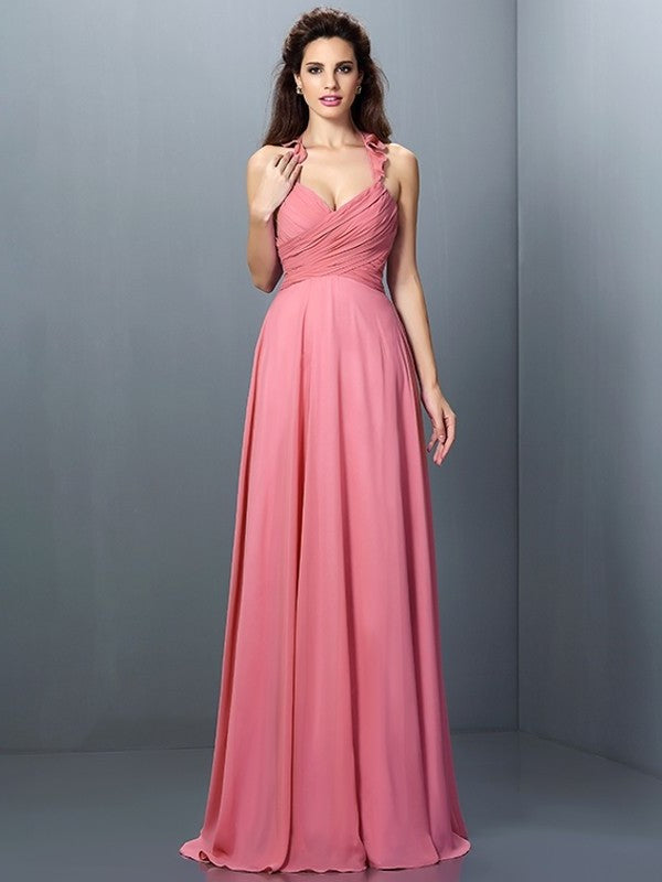 A-Line/Princess Halter Pleats Sleeveless Long Chiffon Bridesmaid Dresses DFP0005390