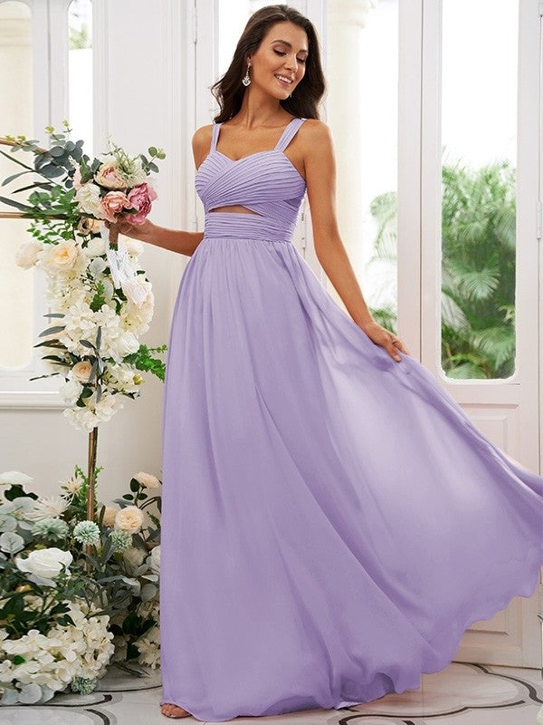 A-Line/Princess Chiffon Ruched Straps Sleeveless Floor-Length Bridesmaid Dresses DFP0004915