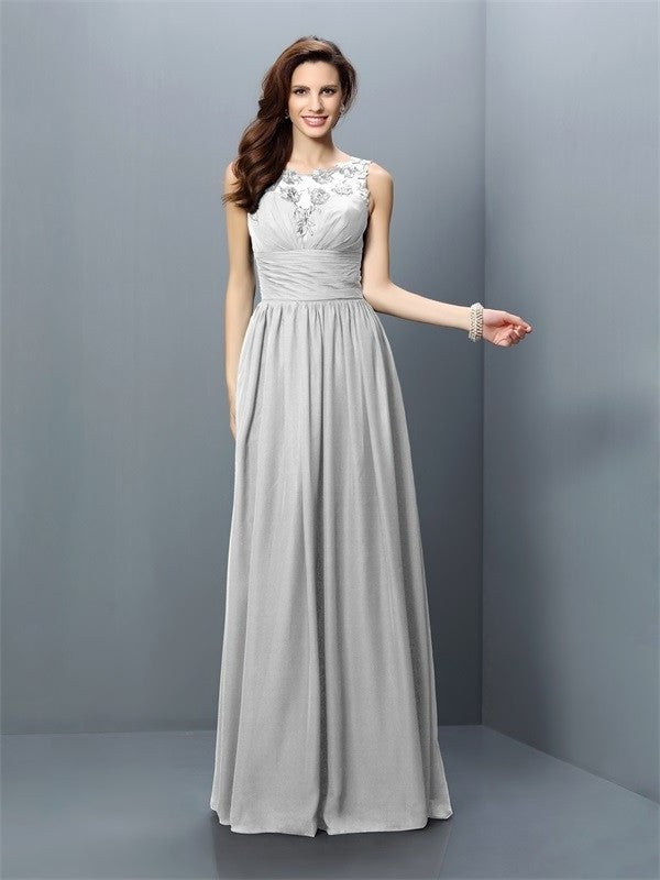 A-Line/Princess Bateau Pleats Sleeveless Long Chiffon Bridesmaid Dresses DFP0005451