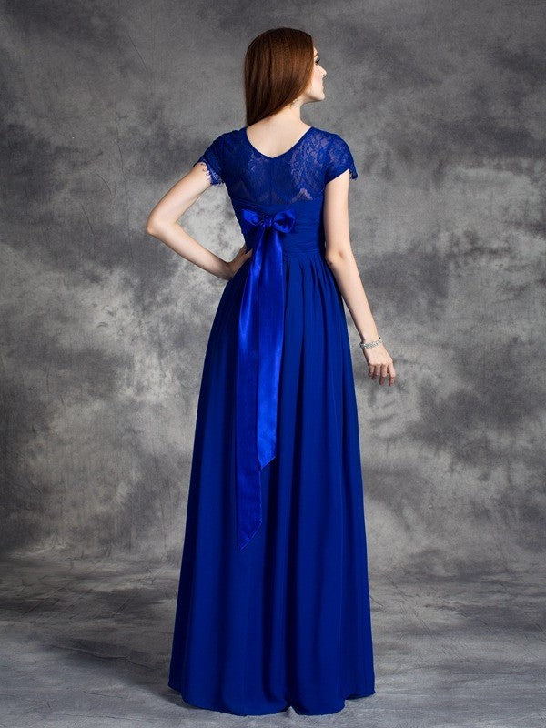 A-line/Princess Bateau Lace Sleeveless Long Chiffon Bridesmaid Dresses DFP0005036