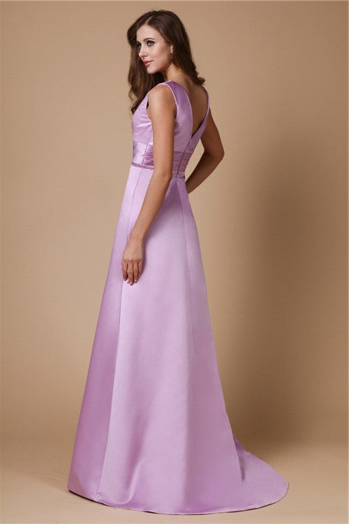 A-Line/Princess V-neck Long Sleeveless Elastic Woven Satin Bridesmaid Dresses DFP0005409