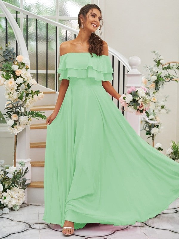 A-Line/Princess Chiffon Ruffles Off-the-Shoulder Sleeveless Floor-Length Bridesmaid Dresses DFP0004914