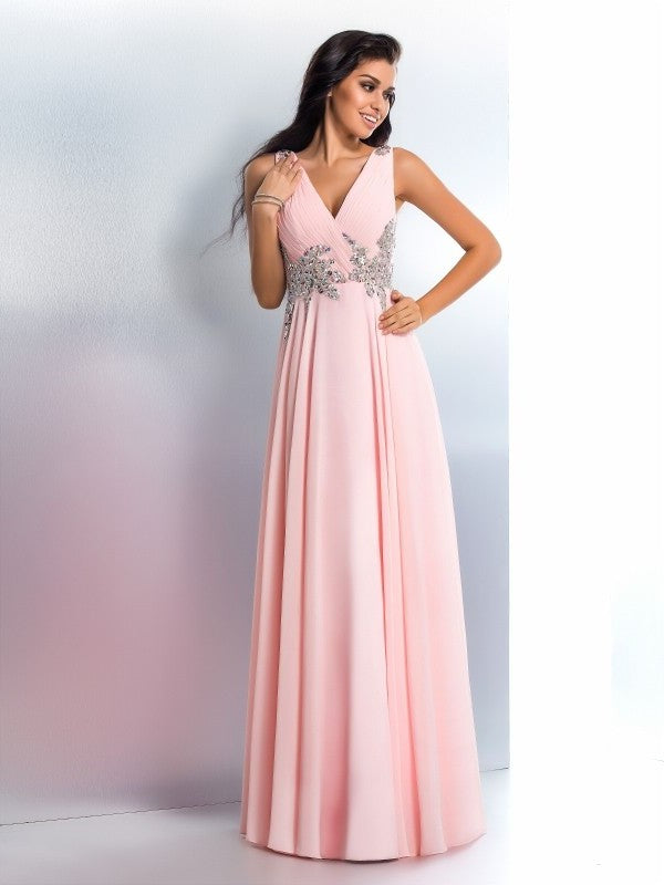 A-Line/Princess V-neck Beading Sleeveless Long Chiffon Dresses DFP0002794