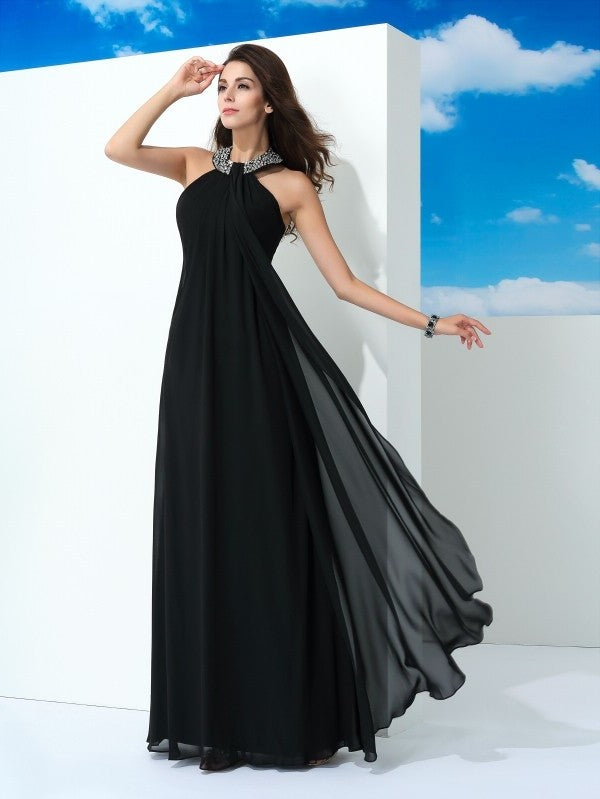 A-Line/Princess Halter Beading Sleeveless Long Chiffon Dresses DFP0002377