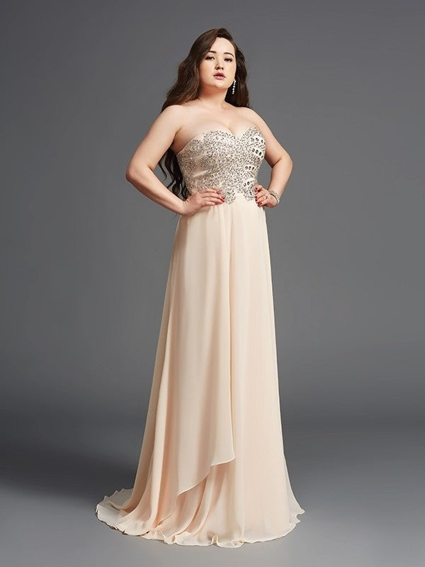 A-Line/Princess Sweetheart Rhinestone Sleeveless Long Chiffon Plus Size Dresses DFP0003705