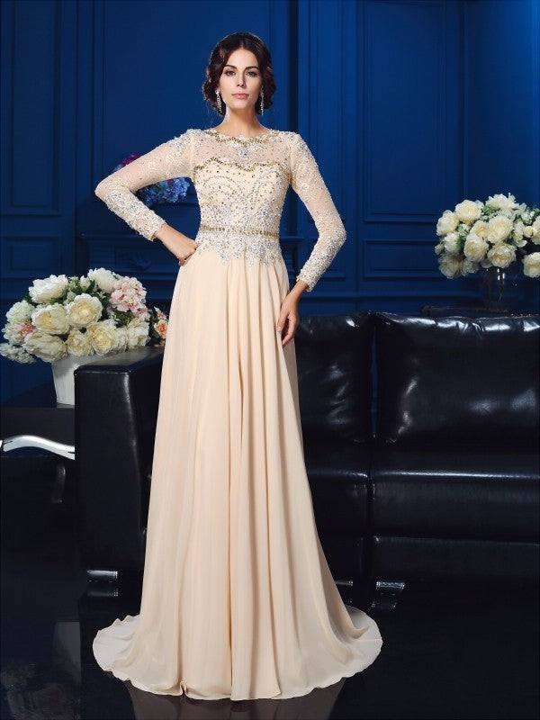 A-Line/Princess Scoop Beading Long Sleeves Long Chiffon Mother of the Bride Dresses DFP0007085