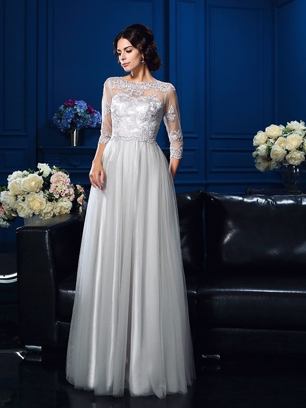 A-Line/Princess Scoop Applique 3/4 Sleeves Long Elastic Woven Satin Mother of the Bride Dresses DFP0007198