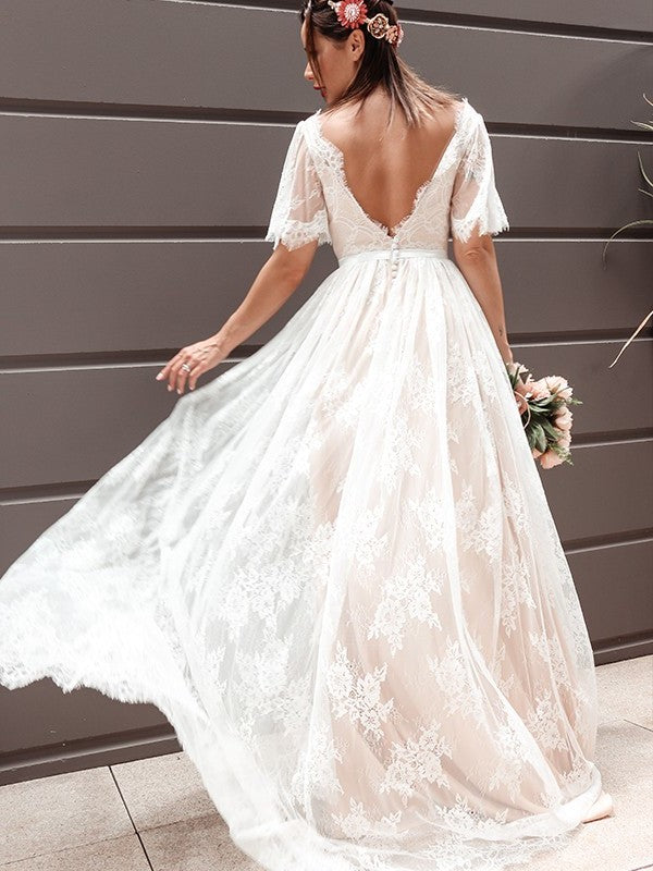 A-Line/Princess Short Sleeves Lace V-neck Sash/Ribbon/Belt Sweep/Brush Train Wedding Dresses DFP0005888
