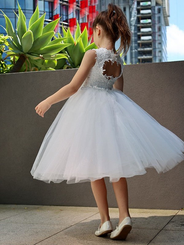 A-Line/Princess Tulle Lace High Neck Sleeveless Knee-Length Flower Girl Dresses DFP0007488