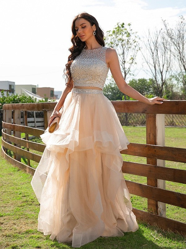 A-Line/Princess Tulle Beading Scoop Sleeveless Floor-Length Two Piece Dresses DFP0001419