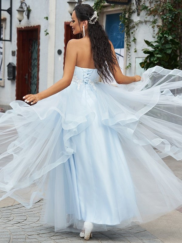 A-Line/Princess Tulle Applique Sweetheart Sleeveless Floor-Length Dresses DFP0001558