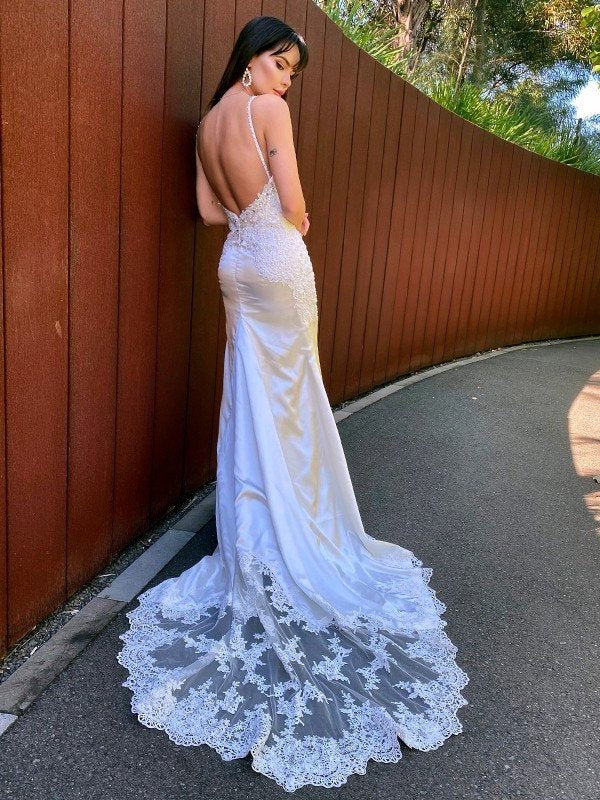 Trumpet/Mermaid Elastic Woven Satin Spaghetti Straps Lace Sleeveless Court Train Wedding Dresses DFP0006528
