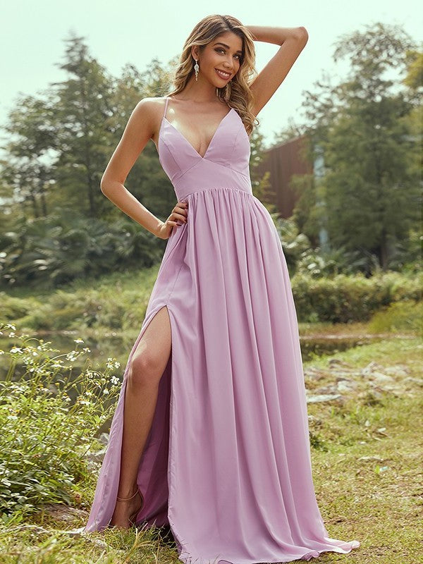 A-Line/Princess Chiffon Ruffles V-neck Sleeveless Floor-Length Bridesmaid Dresses DFP0004969