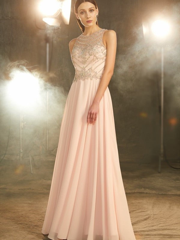 A-Line/Princess Scoop Sleeveless Chiffon Crystal Floor-length Dresses DFP0002399