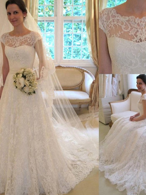 A-Line/Princess Sash/Ribbon/Belt Short Sleeves Square Court Train Applique Lace Wedding Dresses DFP0006475