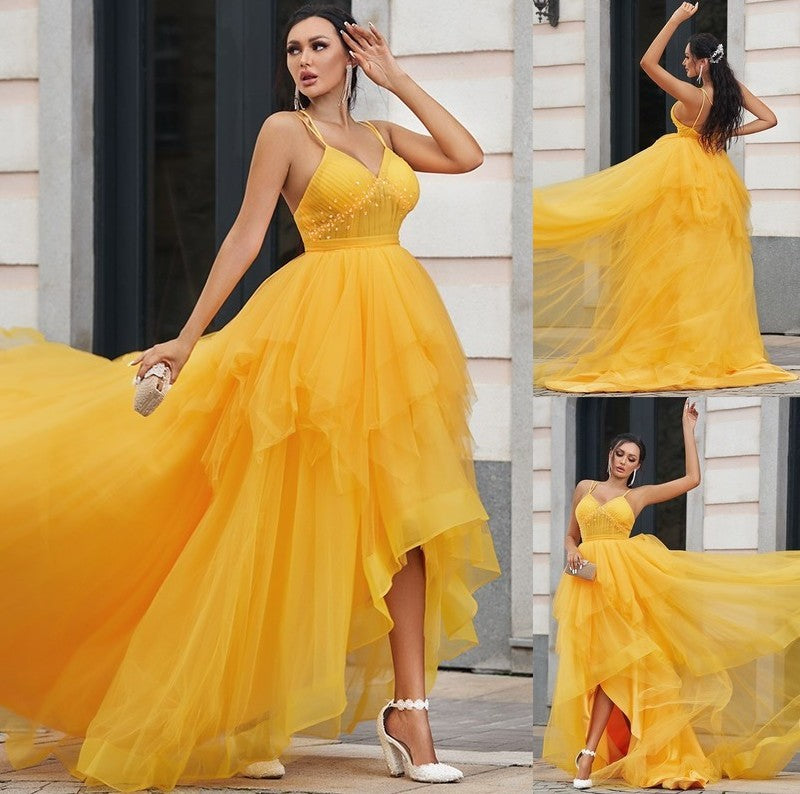 A-Line/Princess Tulle Ruffles V-neck Sleeveless Asymmetrical Dresses DFP0001550