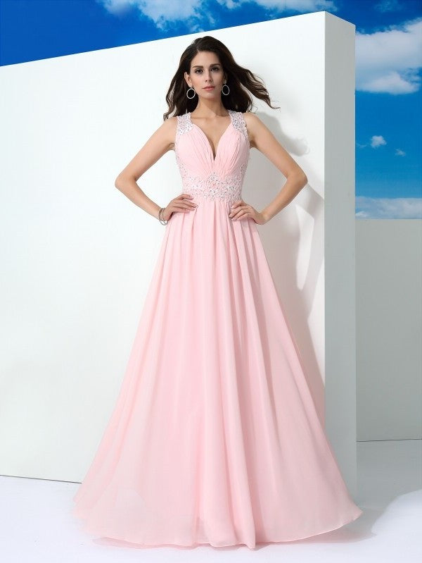 A-Line/Princess Straps Beading Sleeveless Long Chiffon Dresses DFP0002549