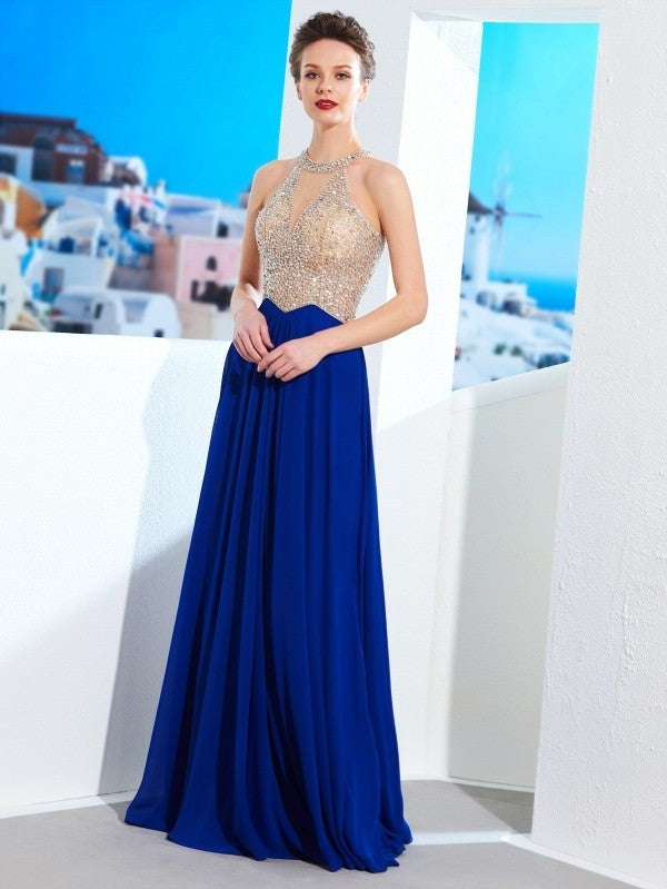 A-Line/Princess Scoop Sleeveless Floor-Length Crystal Chiffon Dresses DFP0002834