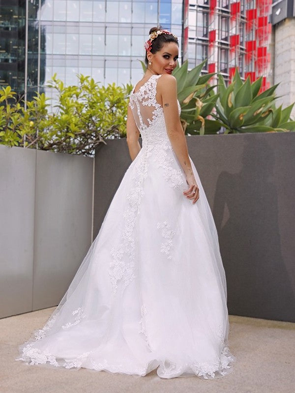 A-Line/Princess Sleeveless Tulle Lace Scoop Sweep/Brush Train Wedding Dresses DFP0006006