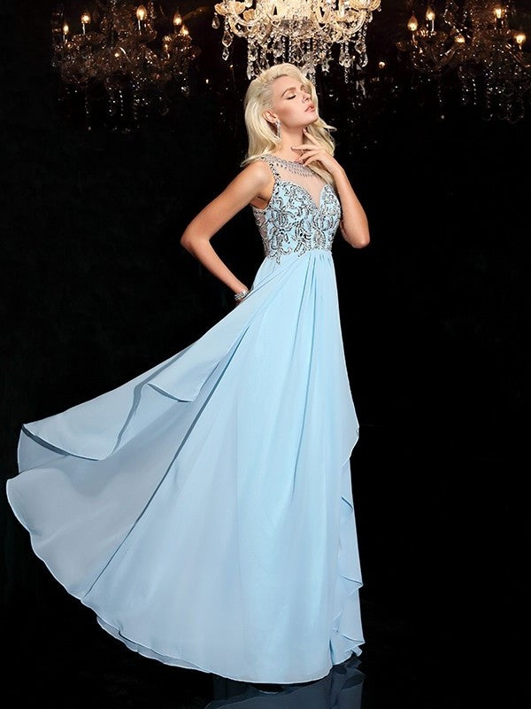 A-line/Princess Scoop Beading Sleeveless Long Chiffon Dresses DFP0002926