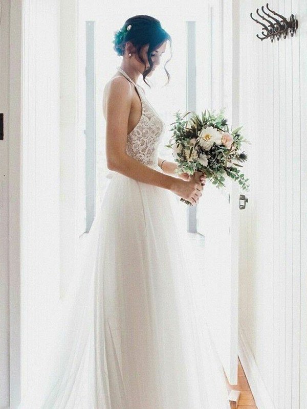 A-Line/Princess Lace Tulle Sleeveless Halter Floor-Length Wedding Dresses DFP0006596