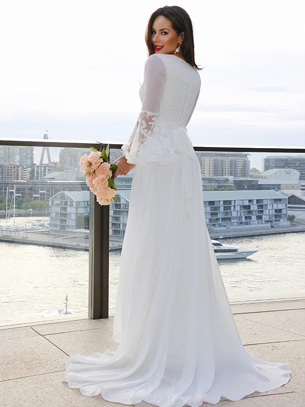 A-Line/Princess Lace V-neck Long Sleeves Sash/Ribbon/Belt Sweep/Brush Train Wedding Dresses DFP0005913