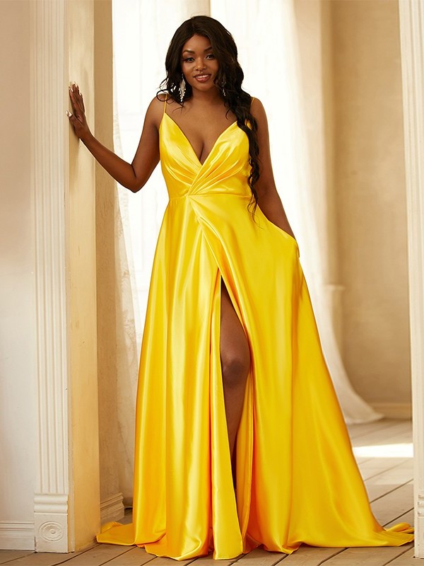 A-Line/Princess Silk like Satin Ruched V-neck Sleeveless Sweep/Brush Train Dresses DFP0001614