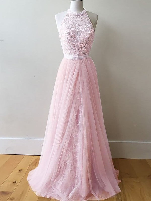 A-Line/Princess Sleeveless Halter Tulle Lace Sweep/Brush Train Dresses DFP0002260