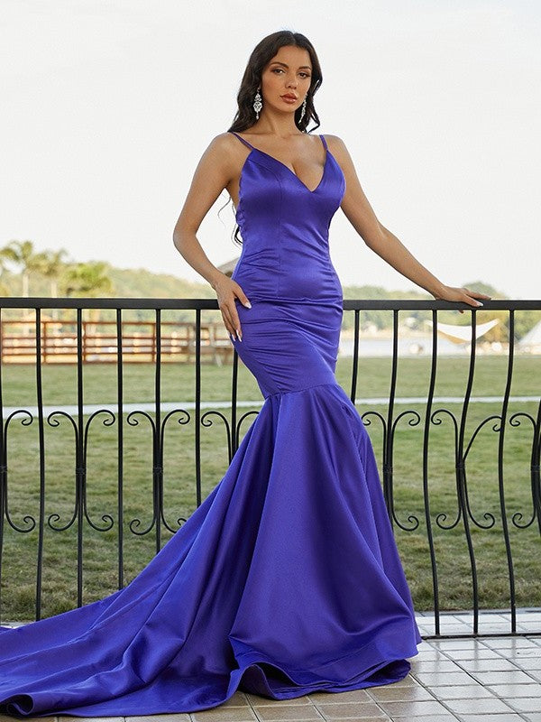 Trumpet/Mermaid Satin Ruffles V-neck Sleeveless Sweep/Brush Train Dresses DFP0001576