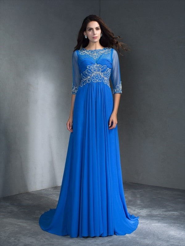 A-Line/Princess Scoop Beading 1/2 Sleeves Long Chiffon Dresses DFP0003053