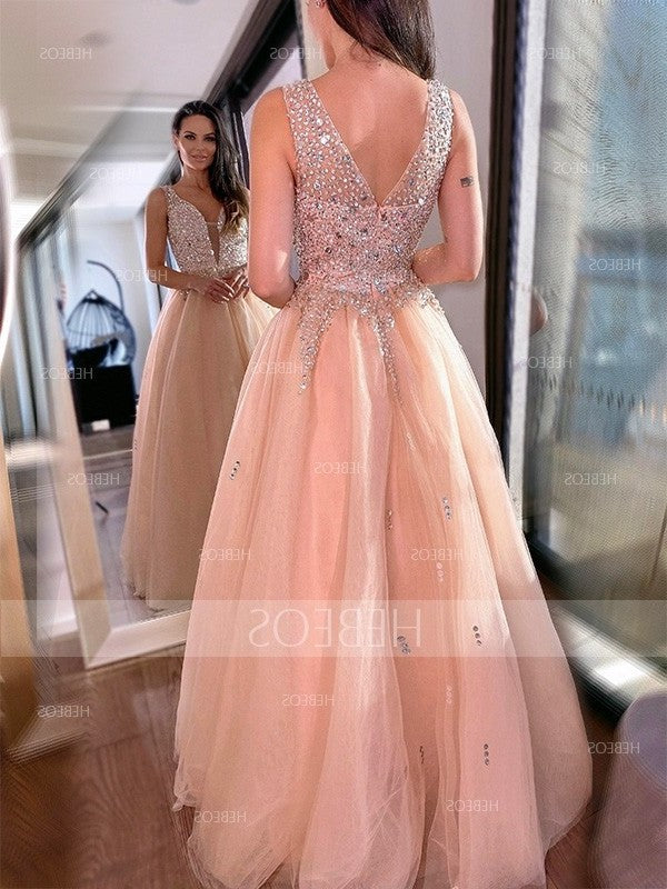 Ball Gown Beading Tulle Sleeveless V-neck Floor-Length Dresses DFP0002508