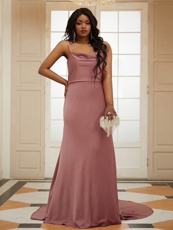 Sheath/Column Satin Ruched Spaghetti Straps Sleeveless Sweep/Brush Train Dresses DFP0001618