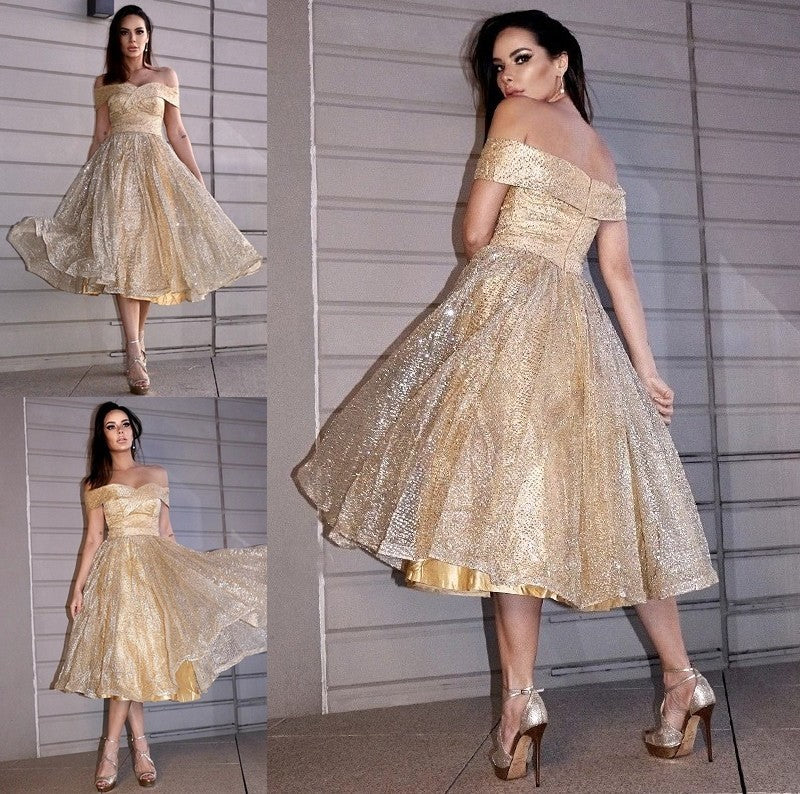 A-Line/Princess Ruched Off-the-Shoulder Sleeveless Tea-Length Homecoming Dresses DFP0004497