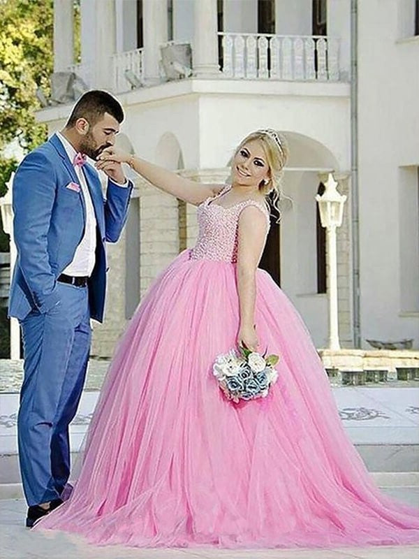 Ball Gown Sleeveless Sweetheart Tulle Sweep/Brush Train Pearls Plus Size Dresses DFP0003130